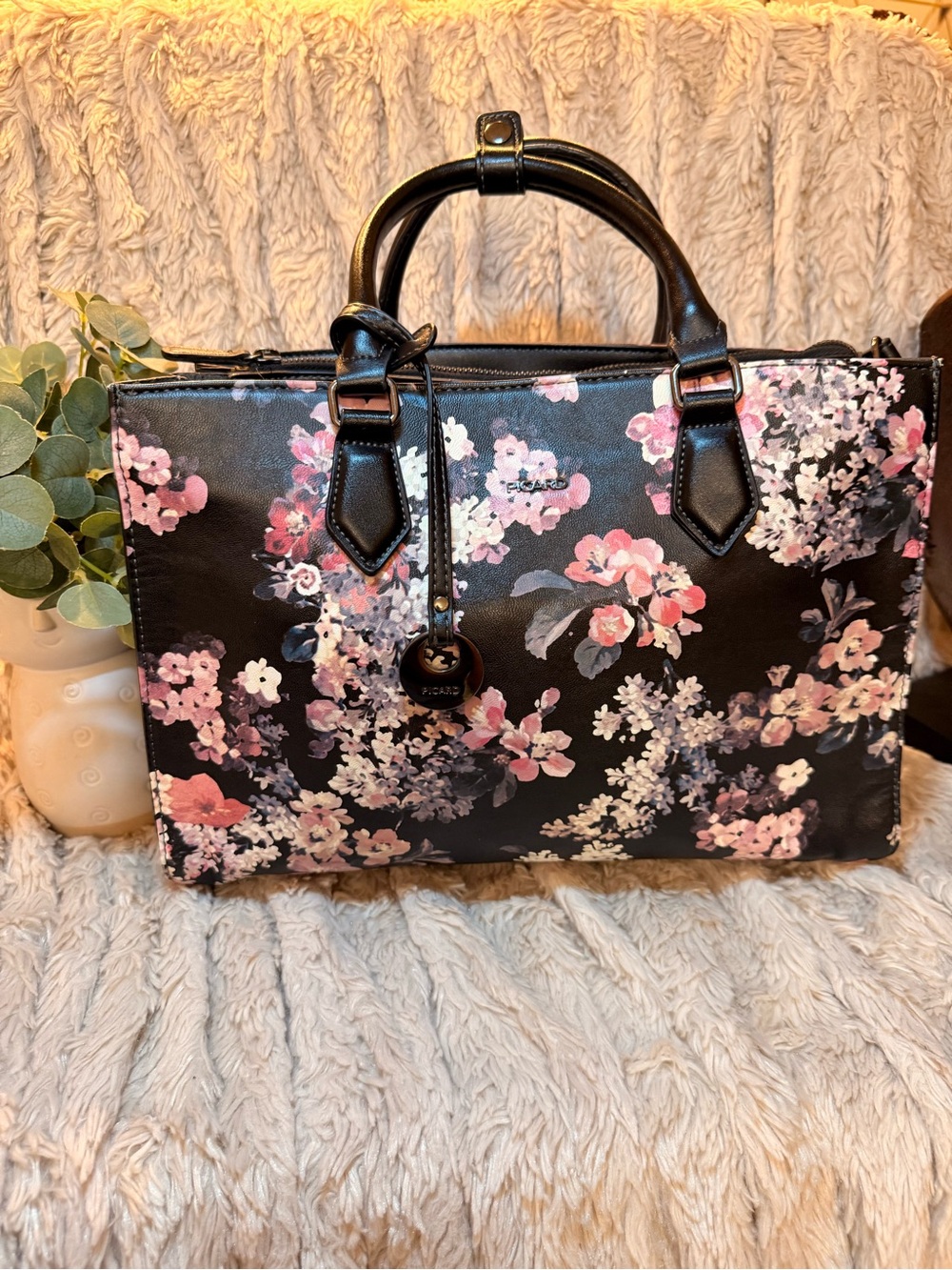 Floral Print Satchel Handbag by Coach - Black with Pink Blossoms